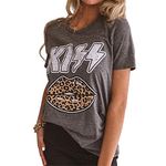 Fuyxxmer Womens Kiss Letter Print Leopard Lips Casual Round Neck Short Sleeve Tee Tops T-Shirt Grey