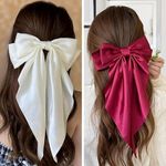 ChicTresses® Off White and Red - Hair Bows For Women, Bow Clips For Women - Barette Hair Clip - Premium Luxury Silky Satin Hair Bow Clips for Women and Girls, Cute Hair Accessories For Girls