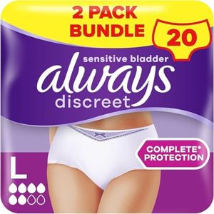 Always Discreet Incontinence Pants Women, Large, Normal, 20 Pants (10 x 2 Packs), Odour Neutraliser, Duo Pack, for Sensitive Bladder