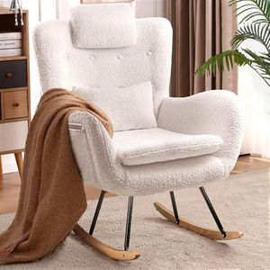 Waleaf Rocking Chair Nursery Rocker Teddy Upholstered Rocking Chair Indoor with High Backrest Rocking Accent Chair, Padded Seat Nursing Chair with Headrest Comfy Chair for Bed Room (Ivory)