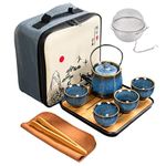 Ceramic Kungfu Tea Set,Chinese Tea Set,Contains Tea Tray and Bag,Tea Sets for Women/Man/Adults,Suitable for Parties and Travel,with Tea Strainer-Stainless