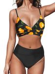 CUPSHE Women's Twist Front High Waisted Bikini Set V Neck Padded Two Pieces Bathing Suits Swimsuits Black/Lemon L