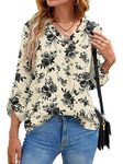 Yommay Women's Blouses Ladies Tops Elegant 3/4 Sleeve Chiffon Casual Fashion V-Neck T Shirts for Fall,Floral White,M