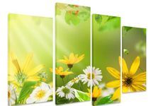 Art_Depot_Outlet PICTURE - Multi Split Panel Canvas Artwork Art - Bunch Of Flowers Yellow/ White Green Leaves 4 Panel - 101cm x 71cm (40"x28")