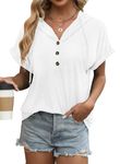 isermeo Summer Womens Button Shirts V Neck Roll Up Sleeve Blouses Loose Fit Shirt Casual Work Tops White XXL