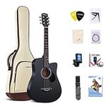 Lankro 38 inch Beginner Acoustic Guitar Black Basswood Cutaway Guitarra Starter Kit with Gig Bag Stap Learning Book Strings Strap Tuner Picks Capo Cleaning Cloth