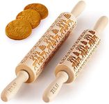 Zulay (Set of 2) Embossed Rolling Pin - Wooden Carved Christmas Rolling Pin - Large & Small Rolling Pins With Designs For Baking - Deep Engraved Rolling Pin with Reindeer Christmas Pattern Design