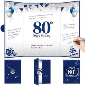 Eiurteao Large 80th Birthday Guest Book Card with Envelope Decorations for Men, Blue Silver Happy 80 Birthday Signature Book Jumbo Card Party Supplies, Giant Sweet Eighty Bday Greeting Card Decor