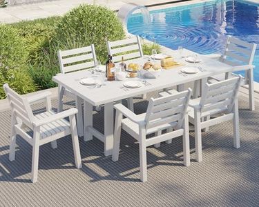 AMERLIFE 7-Piece HDPE Outdoor Dining Table Set with 6 Chairs, 71" L Patio Dining Furniture Set with Umbrella Hole, Modern Dinner Table & Chairs Set for Garden, Backyard, Poolside, White