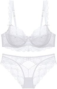 Guoeappa Women's Lace Bra and Panty Set Underwire Lingerie Cup Sized (32B-40D) Unlined Sheer Bra Matching Panties 2 Piece(White,34A