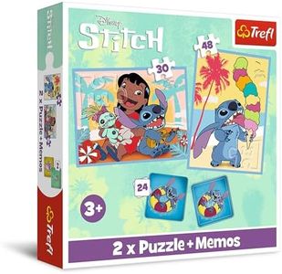 Trefl-Lilo&Stitch, día feliz de Lilo&Stitch, 3 en 1: 2x puzle+juego de memoria, puzle con los personajes de la película, 30 y 48 pieza, grados de dificultad, 24 pares de tarjetas de memoria, de 3 años