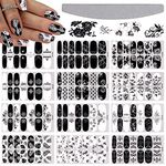 EBANKU 12 Sheets Black White Nail Polish Strips Wraps, Full Wrap Adhesive Nail Polish Stickers with 1 Nail File, Leaves Flower Vine Pattern Nail Wrap Stickers for Women Nail Art Decorations