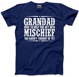 HotScamp Grandad Here to Help You Get Into Mischief - Mens Unisex T-Shirt - Funny Grandad Joke L Navy