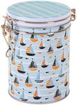 By the Sea - Sailing Boats - Round Tea Caddy/Coffee/Sugar Kitchen Storage Tin - Clip Lid - Aqua/Turquoise/White - 200g - 13 cm