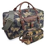 Oversized Travel Duffel Bag Waterproof Canvas Weekender Leather Overnight Hand Bag, Dark Camo, L, Classic