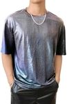 OYOANGLE Men's Oversized PU Leather Printed Short Sleeve Round Neck Longline Tee Shirt Tops Multicolor Small