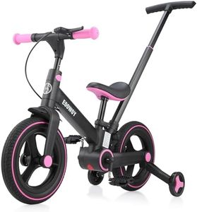 EOOWOY Balance Bike with Push Handle for Kids 18-60 Months, 6 in 1 Foldable Push Bike with Training Wheels & Pedals, Balance Bicycle for Boys and Girls with Brakes & Kickstand, Blackpink