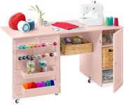 Best Choice Products Large Folding Sewing Table, Multipurpose Portable Craft Station & Side Desk w/Compact Design, Caster Wheels, Storage Shelves, 2 Storage Trays, Magnetic Doors - Pink