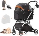 LPOTIUS 4 Wheels Pet Stroller with Detachable Carrier, Foldable Cat Dog Travel Carriage, 3-In-1 Cat Dog Stroller with Detachable Carrier Universal Wheel Brake Black