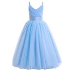 Glamulice Flower Junior Girl Dress Sky Blue Lace Bridesmaid Long A Line Princess Wedding Pageant Dresses Tulle Spaghetti Strap Kids Quinceanera Dance Graduation Ball Gown 14 15 Evening Party Ballgown