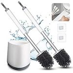 Silicone Toilet Brush and Holder : Soft Flexible Bristles | with Non-Slip Handle and Anti-Drip Base | for Bathroom Toilet Deep Cleaning, 2 Brushes 1 Holder 2 Self-adhesive Hook 3 Detail Brushes