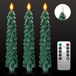 3 Pack Flameless Taper Candles with Remote Timer, 9.7 Inches Real Wax Christmas Tree Candlesticks, Battery Operated Window Candles for Xmas Fireplace Holiday Home Party Decor