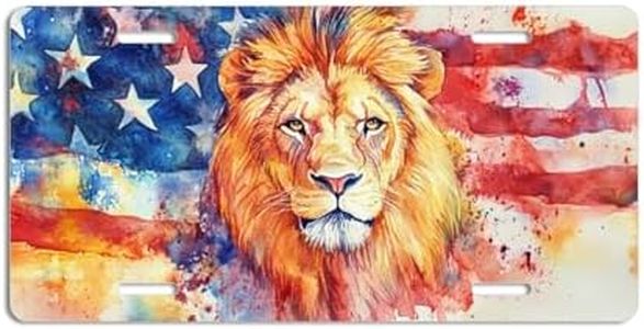 NGZ Lion License Plate, Funny Pet American Flag Painting Aluminum License Plate Suitable for Car, RVs, Bars, Fences, garages, etc. 12x6 Inch
