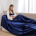 ml MassAri Limited Fleece Blanket Sofa Bed Throw 200x240 Navy King Size Luxurious Cosy Winter Warm Faux Fur Reversible (Blue, King)