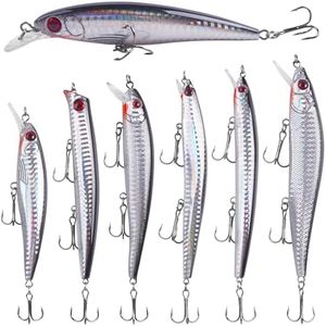 Saltwater Fishing Lures Kit, 6pcs Bass Lures Minnow Lures Deep Diving Jerkbait Crankbait Topwater Popper Plugs Hard Baits with Treble Hooks for Inshore Offshore Ocean Deep Sea Fishing