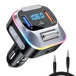 LENCENT Bluetooth 5.0 Car FM Transmitter, PD+QC3.0 Charger,AUX Radio Music Adapter, Wireless Big Microphone&HiFi Bass Sound Cigarette Lighter, Supports Hands-Free Siri Google Assistant, Black (T73)