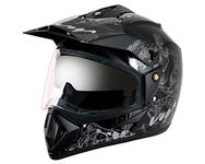 Vega Off Road Sketch ISI Certified Gloss Finish Full Face Dual Visor with Peak Helmet for Men and Women Outer Clear Visor and Inner Smoke Sun Visor(Black Silver, Size:M)