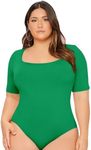 OYOANGLE Women's Plus Size Basic Short Sleeve Bodysuit Scoop Neck T Shirts Bodysuit Green Solid 2XL