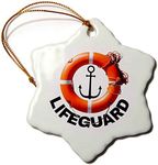 3dRose Snowflake Ornament - Orange life buoy ring, rope, black anchor, text Lifeguard on white - 3-inches (orn_271709_1)