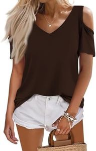 CUCUHAM Cold Shoulder Tops for Women Dressy Women Tops Summer Cold Shoulder Dress for Women Short Sleeve V Neck T Shirts for Women Womens Nursing Tops(SmallAa-Coffee)