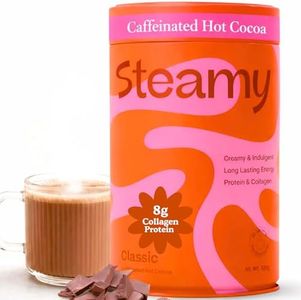 Steamy- Caffeinated Hot Chocolate Cocoa Energy + 8g of Collagen Protein, Coffee Alternative | 100mg of Natural Caffeine | L-Theanine & MCT Powder