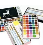 Levin The Next Level In Office Stationery 45 Colors Solid Watercolor Paint Set Metal Box Painting Pigment With Water Brush ,Yellow Sponge,Mop Brush, Art Outliners,2Pc Round Brush ,Pencil