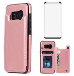 Asuwish Compatible with Samsung Galaxy S8 Plus Wallet Case and Tempered Glass Screen Protector Card Holder Cover Stand Cell Phone Cases for Glaxay S8plus S 8 8plus 8S Edge S8+ SM-G955U Women Men Pink