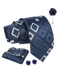 Axlon Navy Blue Geometric Tie For Men – Formal Ties Set With Pocket Square & Tie Pin Clip For Mens, Silk Neckties Gift Sets For Men’s (AX24_23)