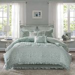 Madison Park Cotton Comforter Set - Shabby Chic Cottage Design All Season Down Alternative Bedding, Matching Shams, Bedskirt, Decorative Pillows, King (104 in x 92 in) Seafoam 9 Piece