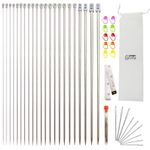 igadgitz home U7272 44-Piece 35cm (13.8") Knitting Needles Set, Knitting Needles Kit (11 Pairs, 2-8mm), Stitch Markers, Measuring Tape and Blunt Needles with Drawstring Pouch - Grey Silver