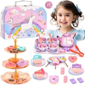 Kids Tea Party Set, 48PCS Pretend Play Toys Including Tea Set Dessert Ice Ice Unicorn Toys Carrying Case, Kids Kitchen Pretend Playset, Tea Set for Girls Boys Toys Birthday Toddler Gifts Age 3 4 5 6 7