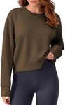 PINSPARK Cropped Crewneck Sweatshirt for Women Oversized Long Sleeve Crop Top Lightweight Pullover Sweat Shirts Fall 2024,Espresso X-Large