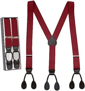 Tuxedo Suspenders for Men Black Genuine Leather Button End 1.25 Inches Mens Braces Suspenders- Red (Tall 54" Long)