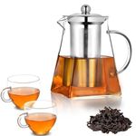 Pluiesoleil 500ML Borosilicate Glass Teapot, Loose Leaf Teapots with Infuser, Square Tea Pot with Strainer, Stovetop Microwave Safe Teapot witn 2 Cups