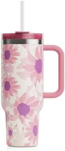 RTIC 30 oz Road Trip Tumbler Double-Walled Insulated Stainless Steel Portable Travel Coffee Mug Cup with Lid, Handle and Straw, Pink Water Lilies