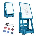 COSTWAY Kids Art Easel, Height Adjustable Magnetic Removable Painting Whiteboard with Lockable Wheels, Storage, 2 Dry-Erase Markers & 6 Magnets, Double Sided Easels for Toddlers 3+ (Blue)