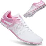 THESTRON Men Women Kids Track and Field Shoes Professional 8 Spikes Running Racing Sneakers Breathable Lightweight Sprinting Shoes (8,White Pink)