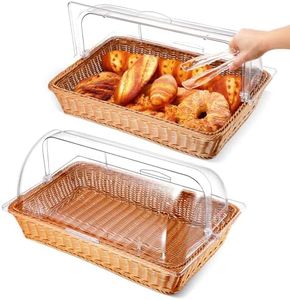 Ziliny 2 Pack Imitation Rattan Bread Basket with Clear Chafing Dish Cover Wicker Bread Basket for Serving Roll Top Bakery Pan Display Cover for Food Tabletop Restaurant Kitchen (21.06 x 12.6 Inch)