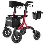 MAXWALK Walkers for Seniors, Rollator Walker with Seat, 10" Rubber Wheels All Terrain Rollator Walker with Backrest, Aluminum Walkers Built-in Cable, Foldable and Adjustable Height for Seniors, Red