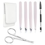 Eyebrow Tweezers Set Pack of 6 Stainless Steel for Women Scissors Brush Precision Slant Pointed Light Pink Tweezers Kit for Splinter Ingrown Facial Hair Removal with Leather Case Gift